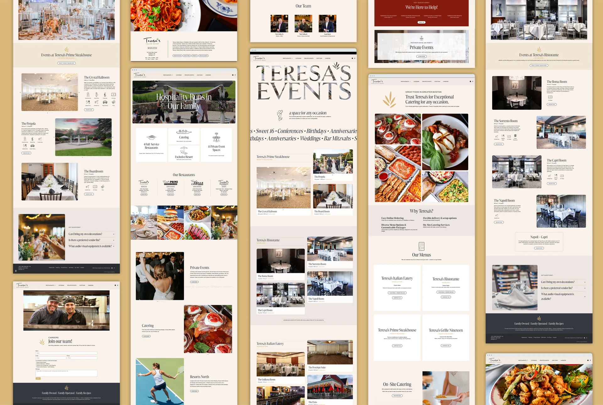 grid of webpage layouts for Teresa's Hospitality Group