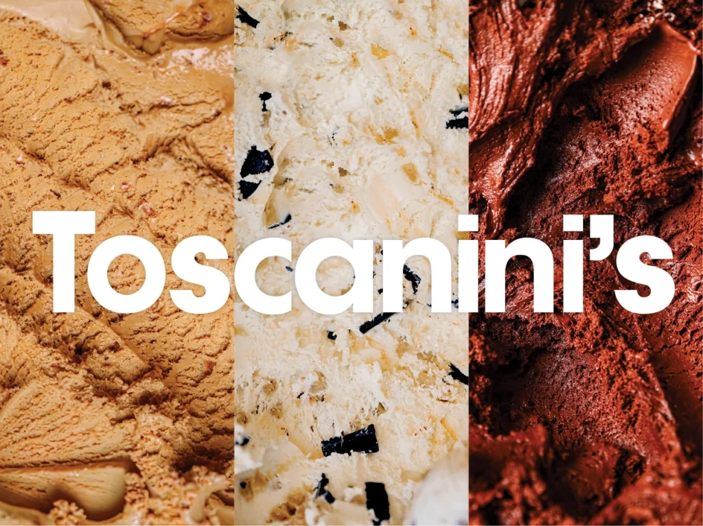 Toscanini's logo against a background of 3 different flavors of ice cream